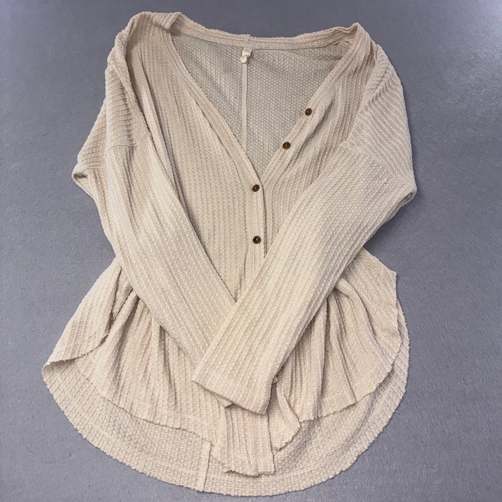 Wishlist Cardigan Women M/L Beige Excellent Waffle Knit Thermal Oversized V-Neck